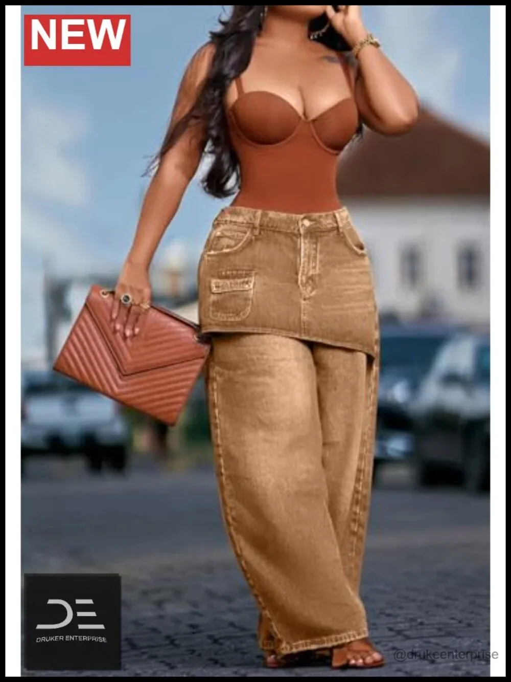 Wide Leg Cargo Jeans Patchwork Skirt Overlay High Rise Y2K Denim Pants